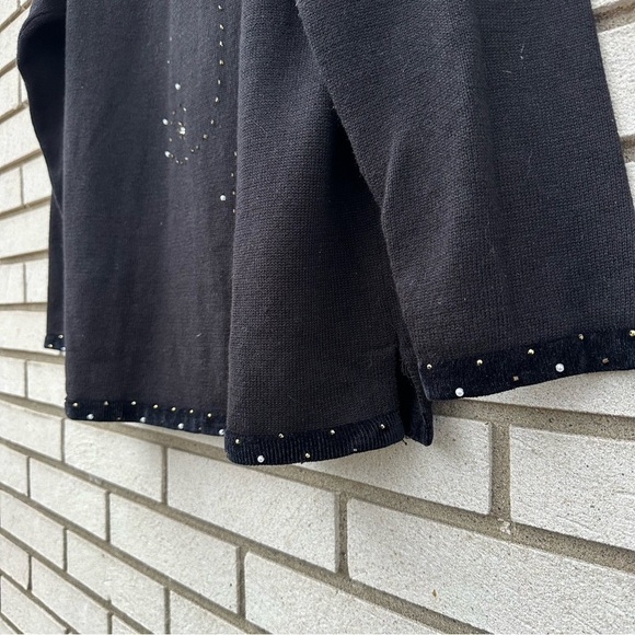 Quacker Factory Black Gold Beaded Reindeer Holiday Sweater Velvet Trim Christmas - Picture 4 of 10